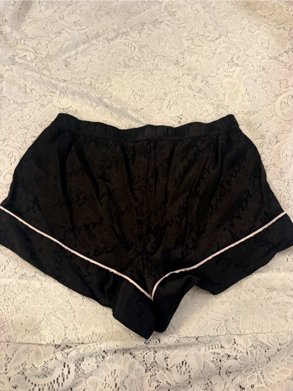 Victoria's Secret Black Satin Lace-Pattern Lounge Shorts with Pale Pink Trim